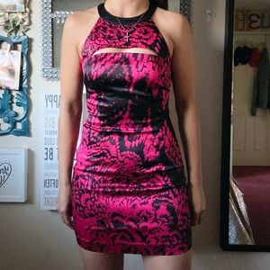 Bebe Black and Fuchsia Satin Mini Dress